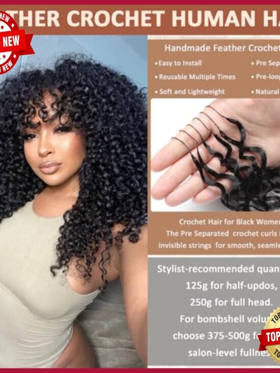 18 Inch Human Hair Extensions, Pre-Separated Curly Crochet Bundles, 125g